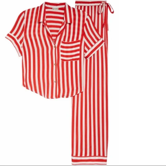 Free People Shiny Nights Pajama Set Wide Legs Red White Pinstripes Siz Small NWT - Picture 16 of 16